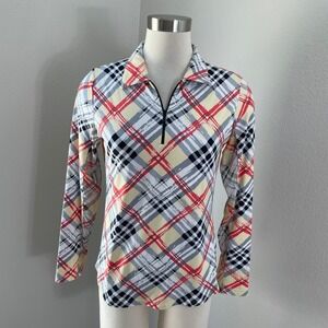 Icikuls Womens Small Plaid Quarter Zip Long Sleeve Sun Shirt Golf Top Yellow Red